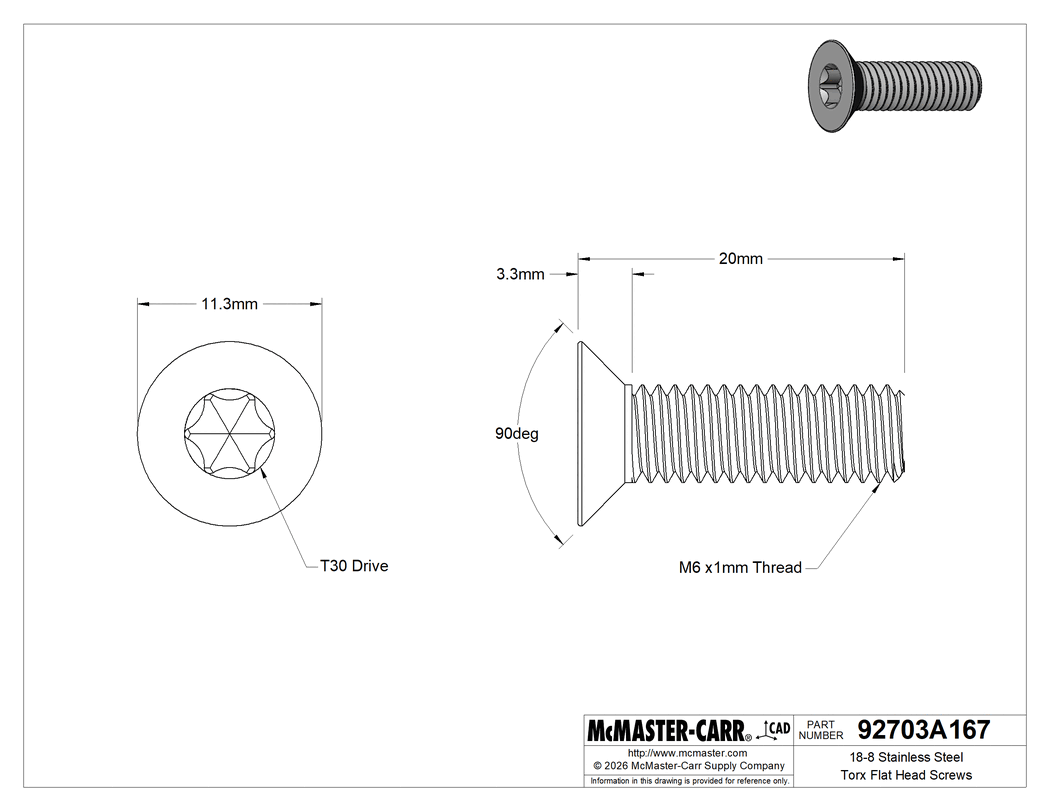 Technical Drawing of 18-8 Stainless Steel Torx Flat Head Screws, M6 x 1 mm Thread Size, 20 mm Long.